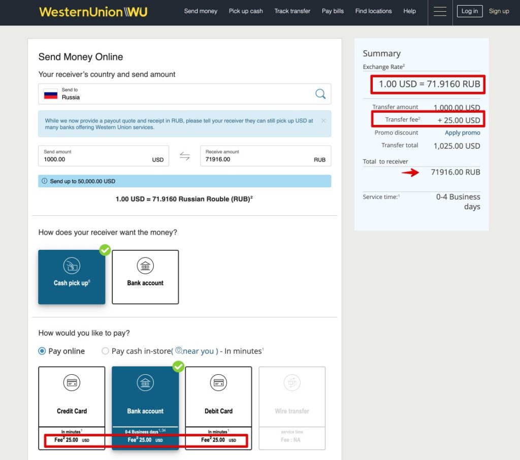 Send money to Russia by Western Union USD dollars