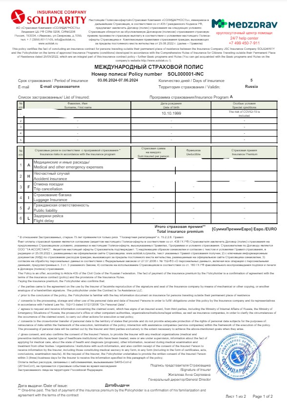 Example policy insurance travel russia
