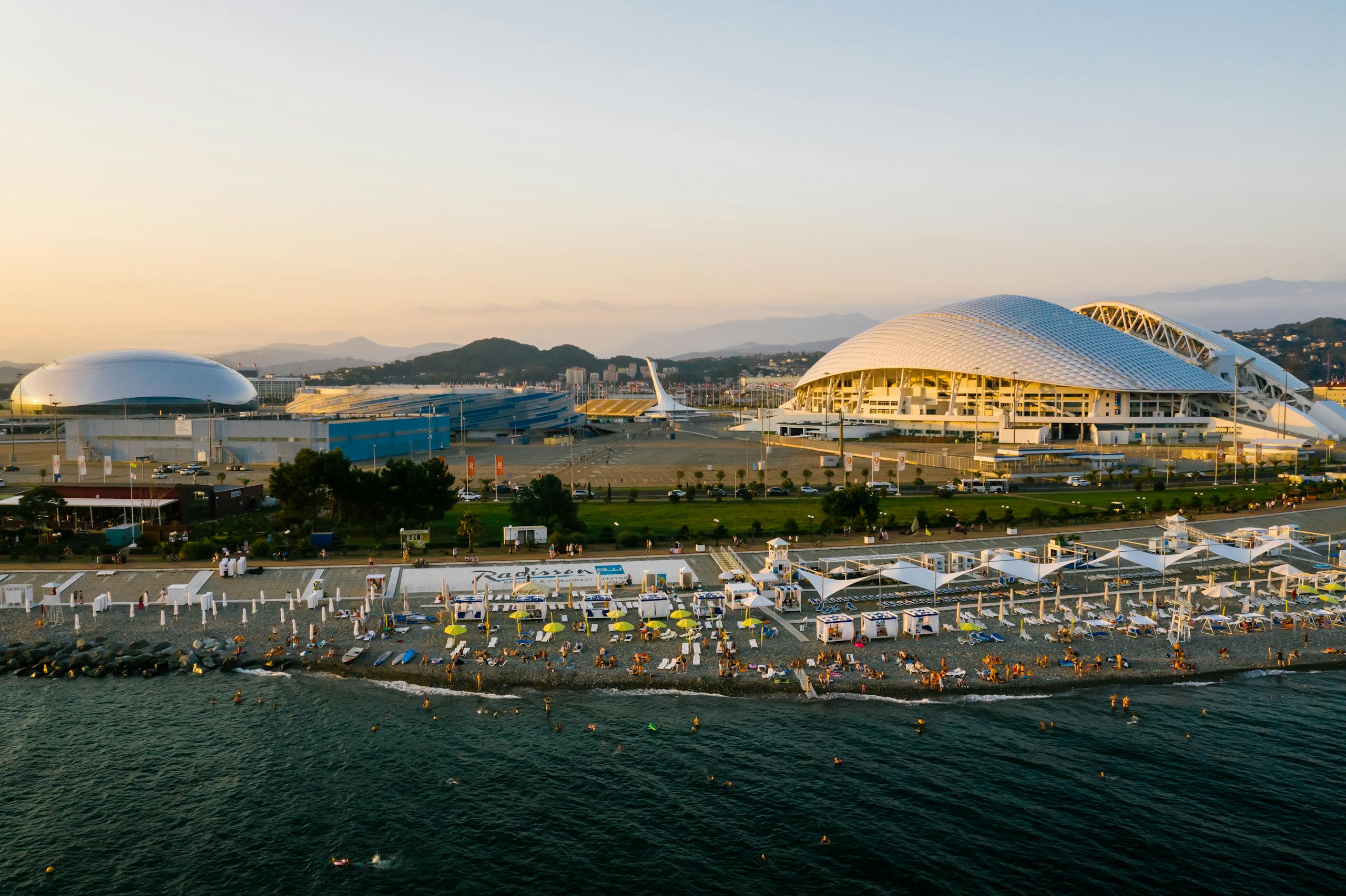 Aerial view of Sochi Olympic Park and beach in Adler