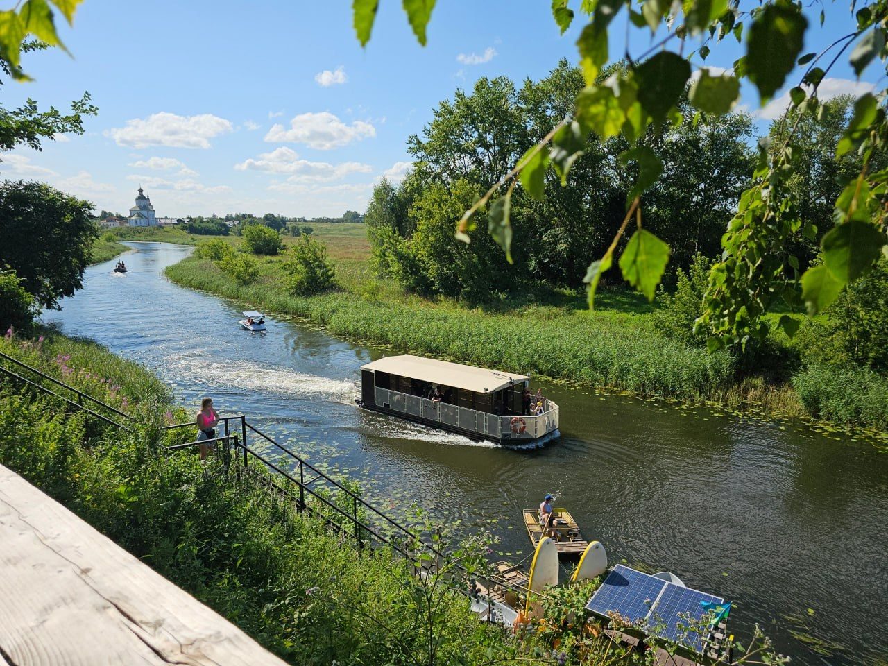 River in Suzdal in summer with a rowing boat