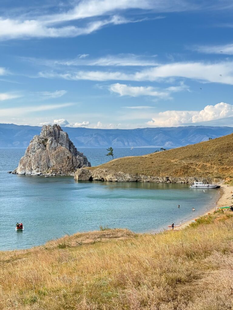 Shaman Rock and the beach at Cape Burkhan on Olkhon Island, on Lake Baikal