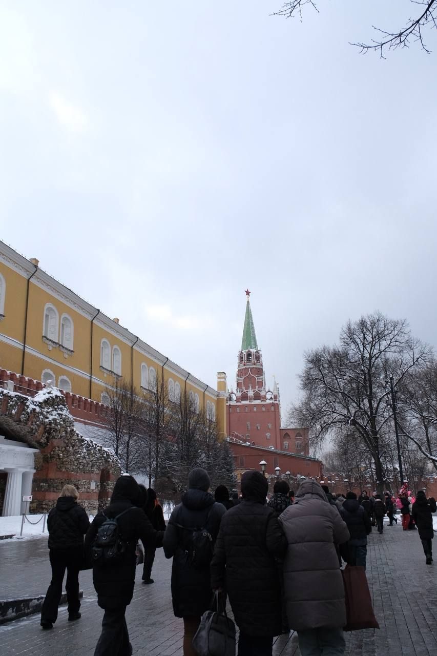 People walking in winter coats beside the Kremlin wall and one of its towers