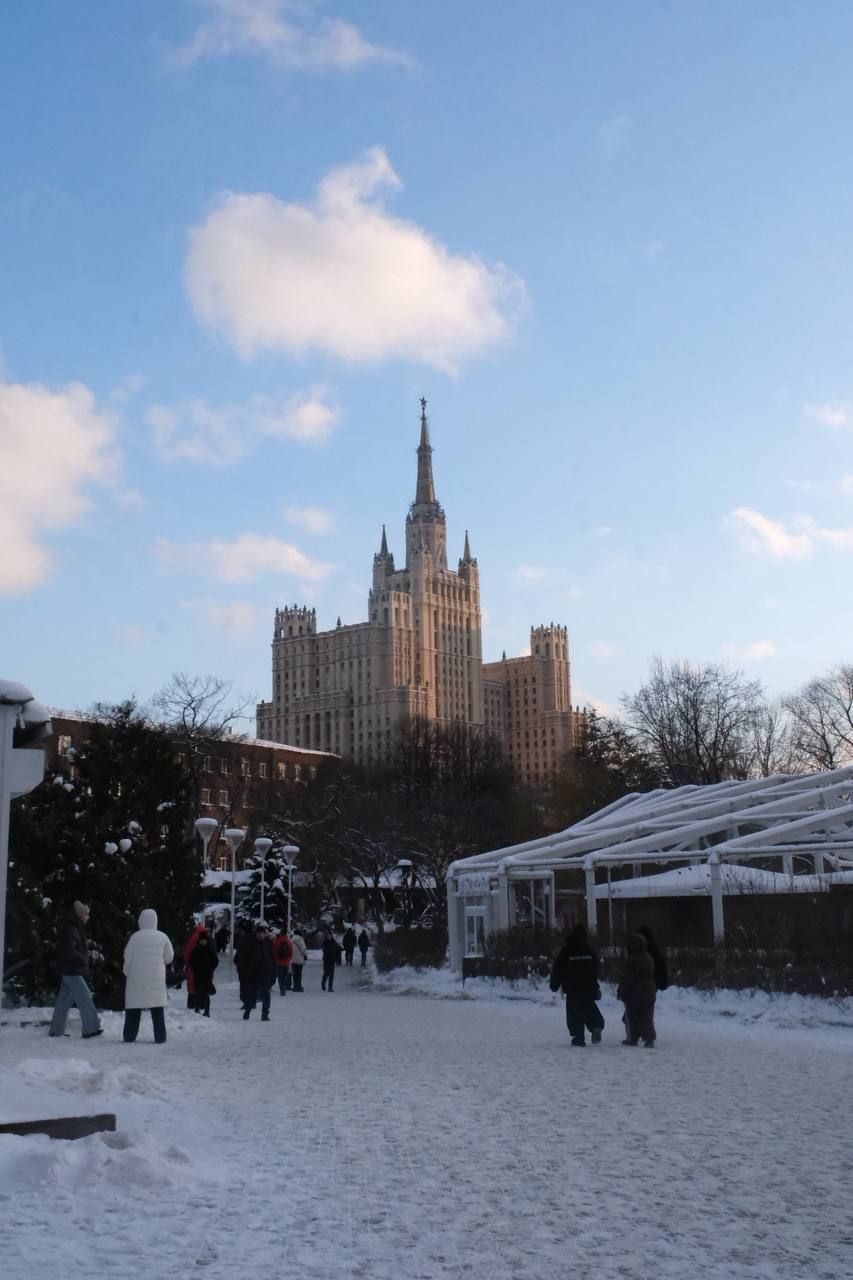 One of Moscow's Stalinist skyscrapers seen from a snowy square
