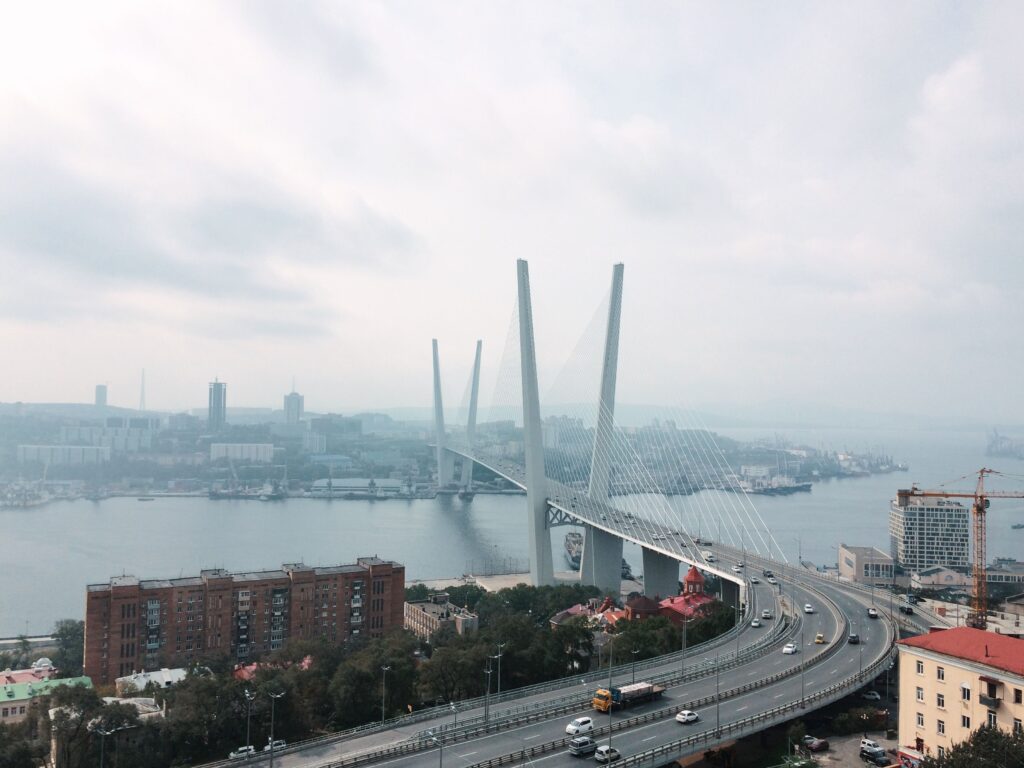 Aerial view of Vladivostok's Golden Bridge over the Golden Horn Bay