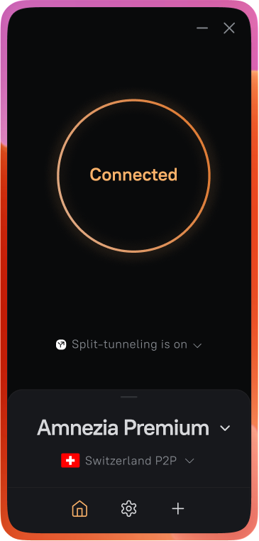 Amnezia VPN app connected with split tunneling turned on