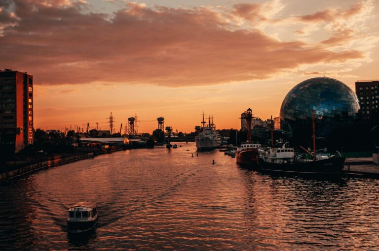 Sunset over the Kaliningrad riverfront