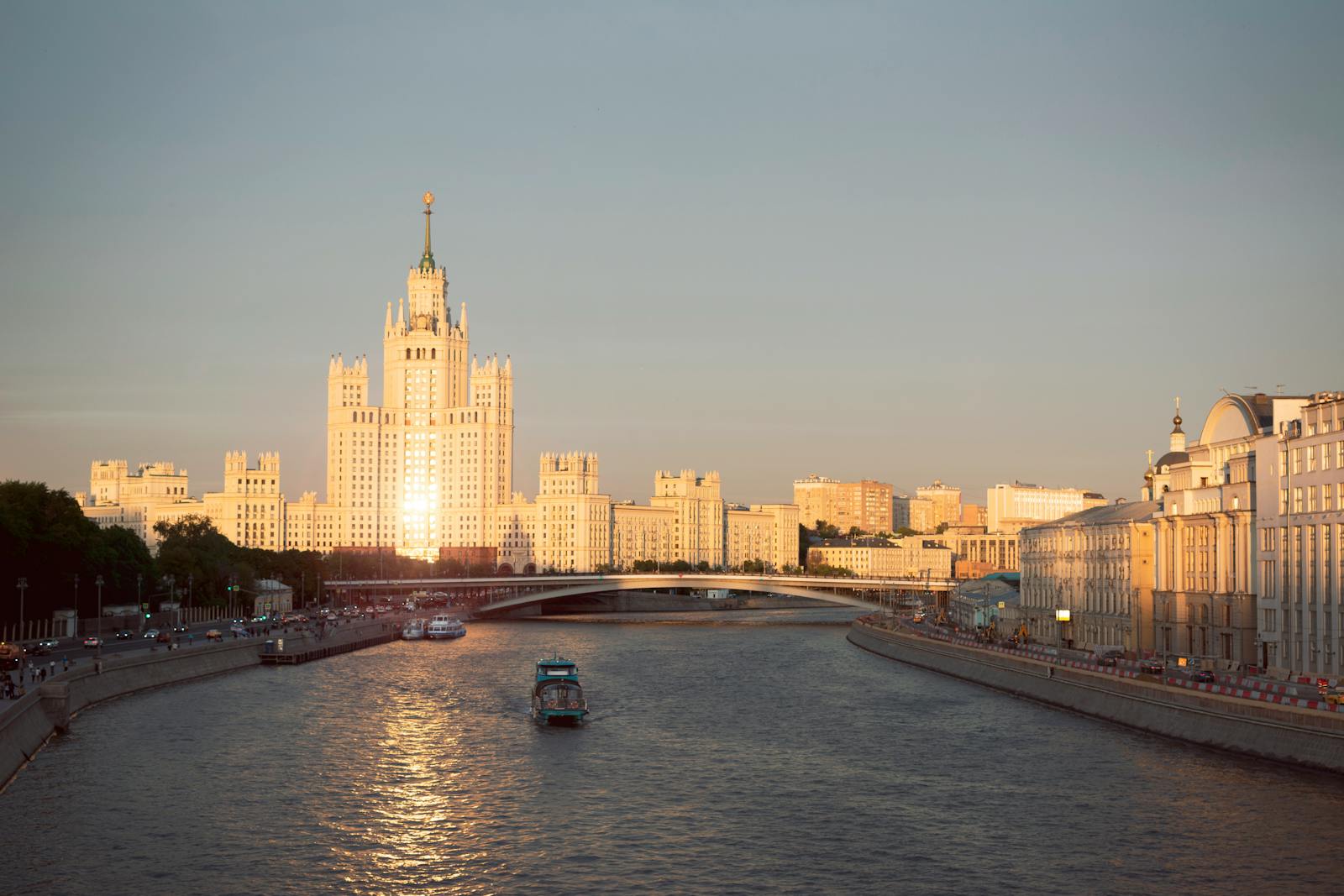 The Moskva River and one of Moscow's Stalinist skyscrapers at sunset
